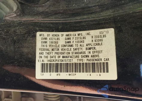 2013 Honda Accord Ex-L z USA, uszkodzony, nr VIN 1HGCR2F87DA157327